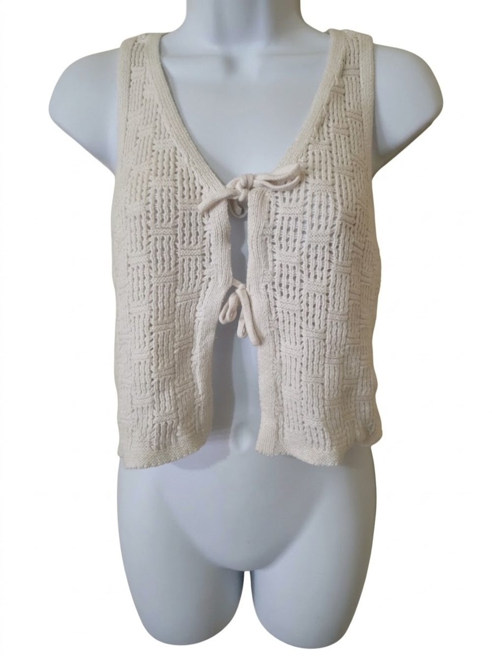 Cream Knit Tie-Front Cropped Vest